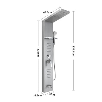 Silver shower panel dimensions showing overhead head, hose, and control section