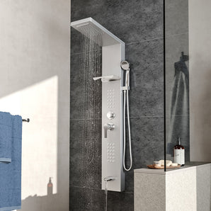 Silver 5-function bathroom shower panel with overhead head and handheld sprayer