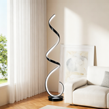 LED spiral standing floor lamp with white light, glowing spiral and black base