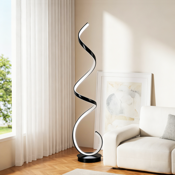 LED spiral standing floor lamp with white light, glowing spiral and black base