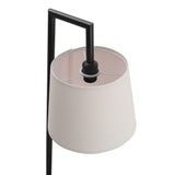 View of linen lampshade opening and light socket on a black floor lamp.