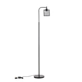 Black industrial metal floor light, standing lamp with mesh shade at top