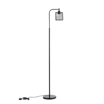 Black industrial metal floor light, standing lamp with mesh shade at top
