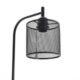 View of black mesh lampshade cylinder on industrial floor light