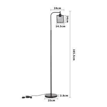 Size diagram of metal floor light: mesh shade on tall pole with round base