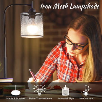 Industrial floor lamp head with iron mesh lampshade over a visible light bulb