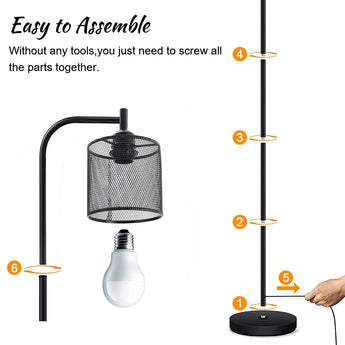 Metal floor lamp with black pole, mesh drum shade and round base