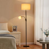 Black 2-head floor lamp with fabric shades and adjustable arms, standing base