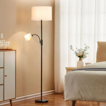 Black floor lamp with fabric drum shade and tilting mini shade, round base