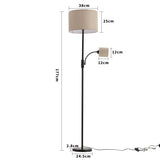 Black floor standing lamp with two adjustable fabric shades and curved arm mounts