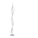 Modern LED-Stehlampe in Schwarz und Weiß, gebogene Kreisformen, runder Standfuß