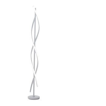 Modern LED-Stehlampe in Schwarz und Weiß, gebogene Kreisformen, runder Standfuß
