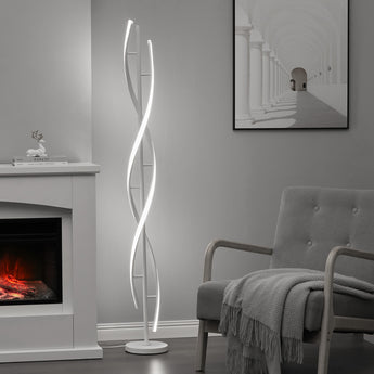Modern LED-Stehlampe, weiße Ausführung mit vertikalen leuchtenden Ovalringen am Sockel