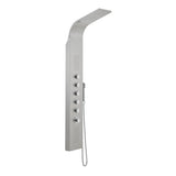 Silver stainless steel shower tower panel with control knobs and overhead shower head