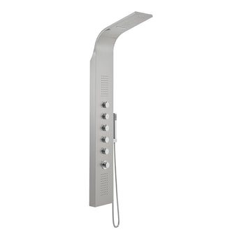 Silver stainless steel shower tower panel with control knobs and overhead shower head