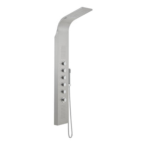 Silver stainless steel shower tower panel with control knobs and overhead shower head