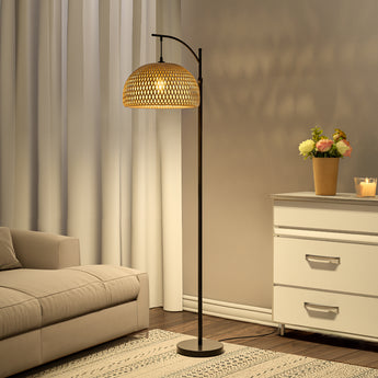 Black base traditional floor lamp with woven rattan dome shade