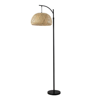 Woven rattan floor lamp with dome shade, black stand and base