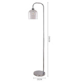 Floor lamp dimensions shown: tall chrome stem with clear glass shade and round base