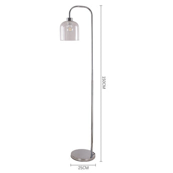 Floor lamp dimensions shown: tall chrome stem with clear glass shade and round base