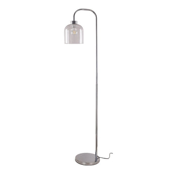 Floor lamp on round base with tall metal stem and small clear glass bell shade