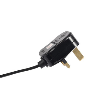 Lamp power plug with dual metal prongs connected to black power cord