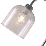 Close-up of clear glass shade showing lit filament bulb and metal mounting collar