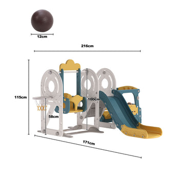 Kids 3-in-1 swing and slide playset size diagram with bus-style blue and yellow design