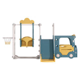 Kids swing and slide set, blue and yellow bus design with swing seat and ladder