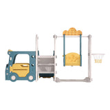 3-in-1 climber playset view with blue bus front, swing seat, and slide opening
