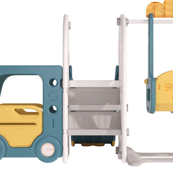 Swing and slide set side view with white ladder steps and blue frame support