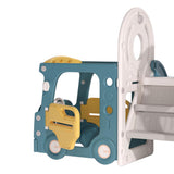 Bus-themed playset with blue body, yellow details, and white swing/slide side panels