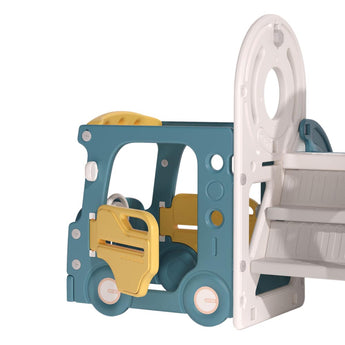 Bus-themed playset with blue body, yellow details, and white swing/slide side panels