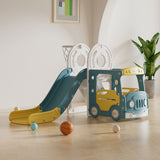 Kids playset swing and slide with blue slide, yellow seats, and bus-style side panel