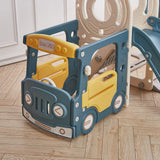 Close-up of blue bus-themed 3-in-1 playset frame with yellow door and slide side