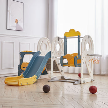 Kids swing and slide climber set, blue and yellow bus design with basketball hoop