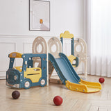 Kids 3-in-1 swing and slide playset in blue and yellow with slide and cab