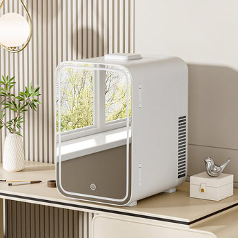 White mini makeup storage fridge with LED mirror door and view window