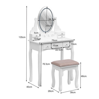 Measuring diagram of white makeup vanity desk with oval mirror and matching stool