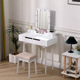 White makeup vanity table set with lighted mirror, open storage, and padded stool