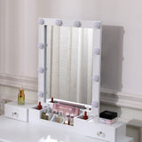 Lighted vanity mirror with round bulbs, white makeup desk drawers and organizers