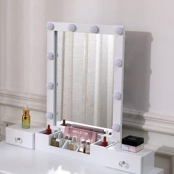 Lighted vanity mirror with round bulbs, white makeup desk drawers and organizers