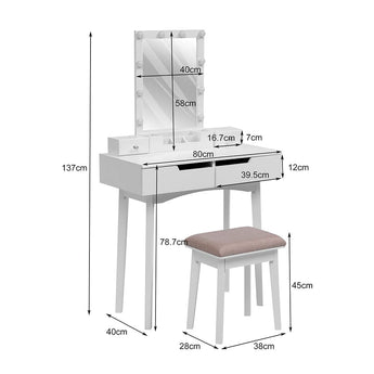 137 cm makeup desk set with lighted mirror, dimensions diagram and stool measurements