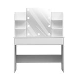 White vanity desk with lighted mirror, two side shelves, and central storage opening