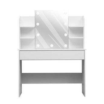 White vanity desk with lighted mirror, two side shelves, and central storage opening