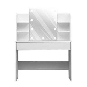 White vanity desk with lighted mirror, two side shelves, and central storage opening