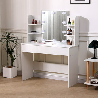 White vanity desk with lighted mirror and side shelves with bottles