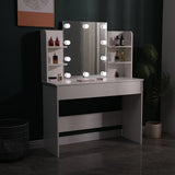 White vanity desk with illuminated vanity mirror and open storage compartments