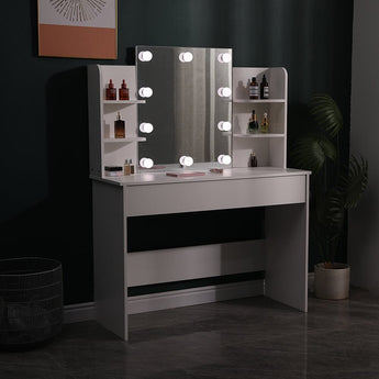 White vanity desk with illuminated vanity mirror and open storage compartments