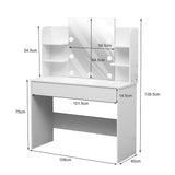 White vanity desk with lighted mirror shown with labeled measurements